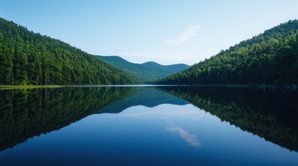 Fototapeta premium Serene Remote Lake Surrounded by Dense Evergreen Mountains Under Clear Blue Sky