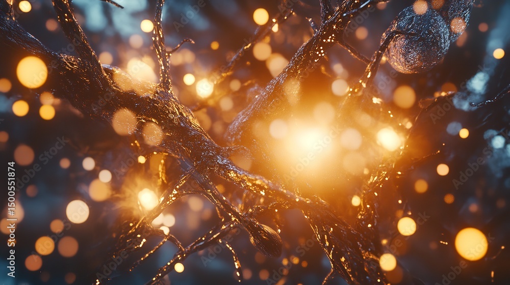 Poster abstract neural network digital art glowing orange branches dark background 3d warm nodes bokeh