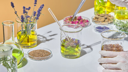 Lab table with glass dishes of herbal oils, petals, and ingredients prepared for testing or skincare blending. Tweezers pick up each herb and drop it into a jar for extraction.