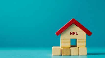 Wooden house with a red roof and the text NPL on cubes, a real estate concept stock photo banner