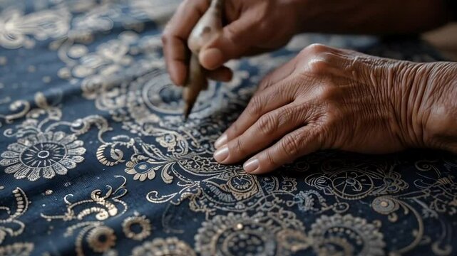 Artisan's Craftsmanship: Hands delicately apply wax with a canting tool onto exquisite batik fabric, showcasing the intricate process of traditional textile art.