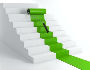 Green Path to Success Paint Roller on White Steps