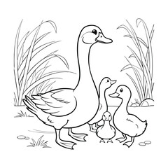 Family of Ducks in Natural Scene Line Drawing
