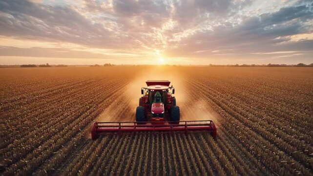 Harvesting the Golden Fields: An agricultural combine working at dawn across a vast field of golden crops, under a dramatic sunset sky. 