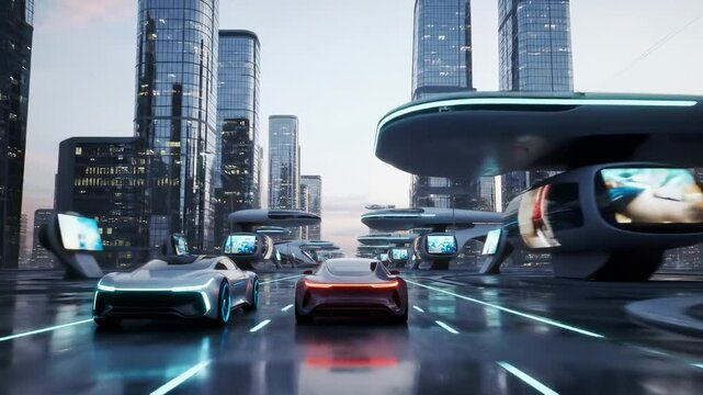 Modern city with autonomous vehicles