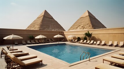 Potrait of nice swimming pool with pair of pyramids of Giza view AI Generated Image