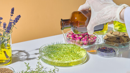 Scientist stirring green herbal infusion during natural cosmetic formulation using essential oils...