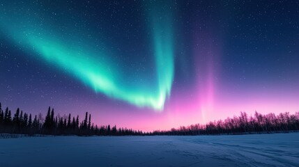 Vibrant hues of green and purple fill the clear night sky over a snowy landscape, creating a breathtaking aurora borealis display