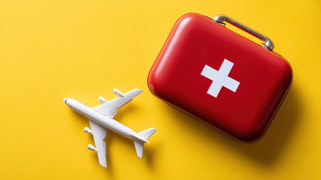 Red first aid kit and white airplane model on yellow background  top-down travel safety concept