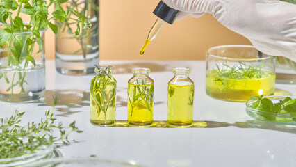 Filling small glass vials with herbal oil blend, arranged with natural ingredients in an organic skincare lab. Herbal leaves such as tea tree, rosemary... with yellow essential oil
