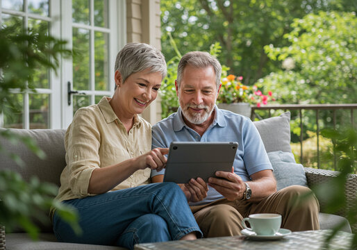 A senior couple happily looks at a digital tablet, symbolizing financial freedom, investment success, and secure retirement planning