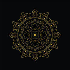 Ornate Golden Mandala Illustration Against Black Backdrop Intricate Line Art Design Element
