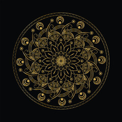 Ornate Golden Mandala on Black Background Detailed Floral and Geometric Designs