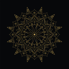 Ornate Golden Mandala Illustration on Black Background Featuring Intricate Floral and Swirl Details