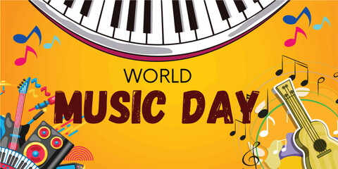 happy world music day and musical instruments with blue background. vector illustration design, happy world music day event and musical instruments 