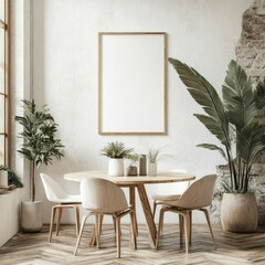 Minimalist dining area with round wooden table, four light-wood chairs, potted plants, and a large blank framed canvas on a textured white wall, hardwood floors