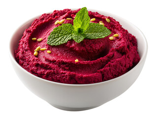 Vibrant beetroot hummus in a bowl.