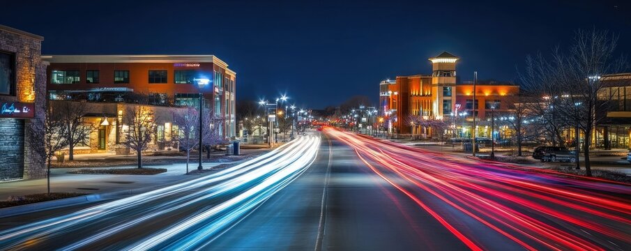 Night scene of a vibrant street lined with illuminated buildings, showcasing light trails from passing vehicles, creating a dynamic and bustling atmosphere