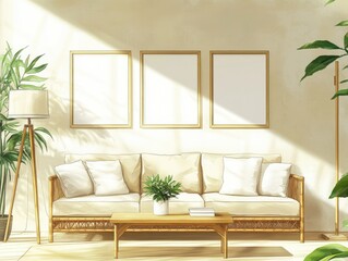 Sunlit living room with beige sofa, three blank frames, wooden coffee table, potted plants, and floor lamp