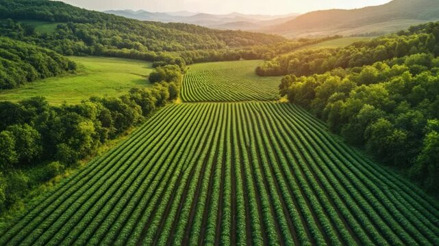 Aerial view of farm landscape: A mesmerizing aerial perspective captures a meticulously cultivated agricultural landscape, with rows of vibrant crops stretching towards the horizon.