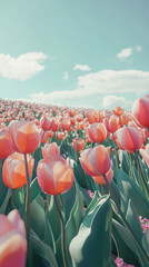 Vibrant tulip field under a clear blue sky
