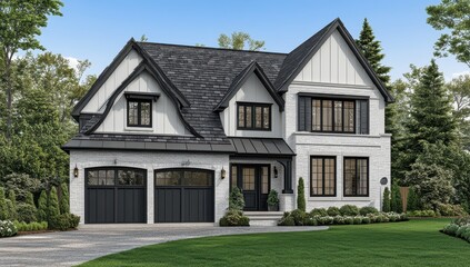 Two-story farmhouse-style home, white brick exterior, dark gray roof and trim, attached two-car garage, landscaped lawn