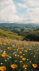 Fototapeta premium Vibrant Wildflower Meadow with Rolling Hills and Clouds
