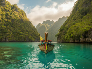 Longtail Boat in Tropical Lagoon Surrounded by Lush Green Cliffs Exotic Travel Destination Scenery