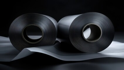 Two dark metallic rolls of thin sheeting rest on a light gray, subtly textured surface against a black backdrop
