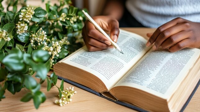Person studying an open book with a pen. Hands carefully marking text.  Green plants nearby