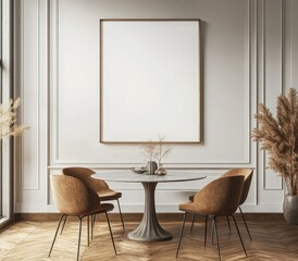 Minimalist dining room with a large blank canvas, round marble table, four brown velvet chairs, pampas grass, and hardwood floors.  Sunlight streams in from a large window