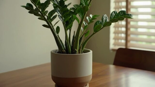 A vibrant ZZ plant in a modern pot on a wooden table.
