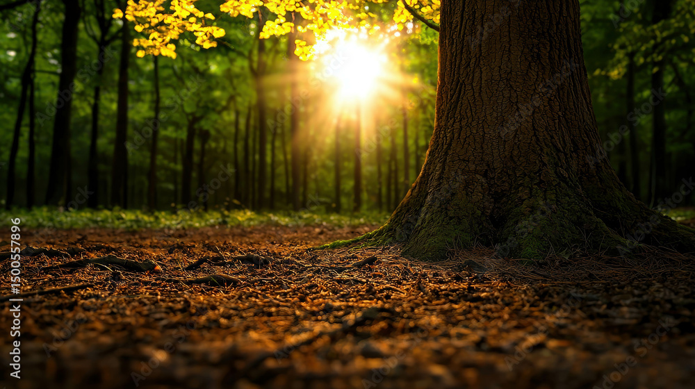 Poster serene forest scene with sunlight filtering through leaves at dawn, highlighting tree trunk and fore