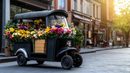Electric Tuk Tuk Converted for Flower Delivery in Urban Setting with Colorful Blooms