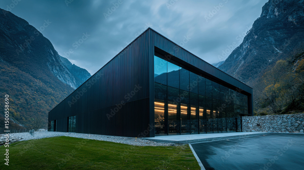 Poster modern architecture building surrounded by mountains with gloomy sky, featuring sleek design and exp