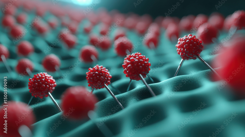 Aufkleber close-up view of virus particles on a cellular structure representing infection and disease in a sci