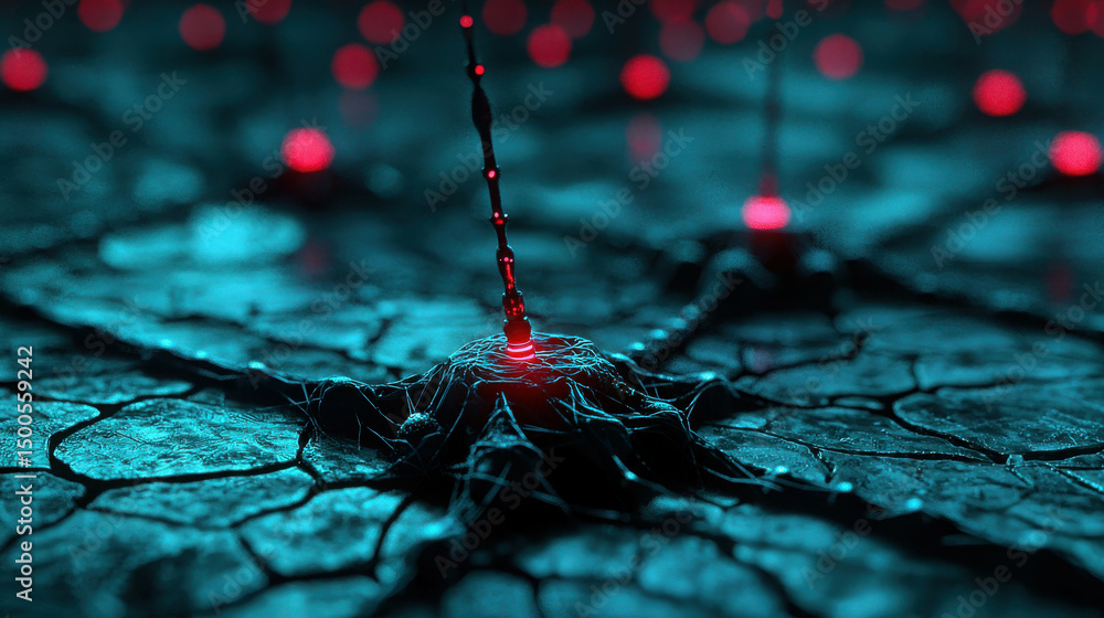 Poster abstract representation of neural connections in a digital landscape with glowing red nodes on a tex