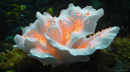 Close-up of a white oyster mushroom, with glowing pink and yellow spores, against a mossy forest background.