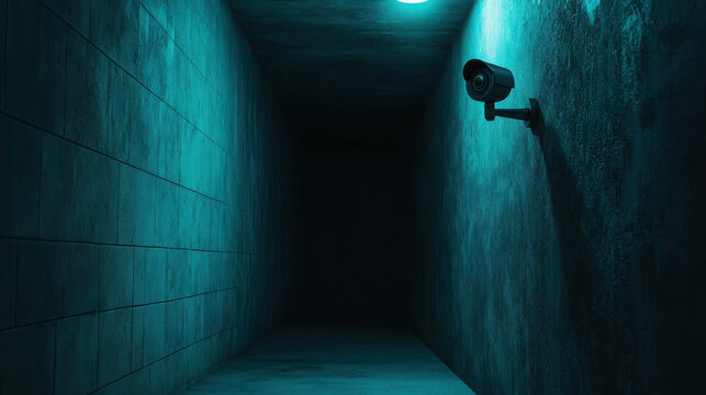 Surveillance camera in dark, eerie hallway with blue light, creating a tense atmosphere of security and privacy invasion, ideal for thriller themes