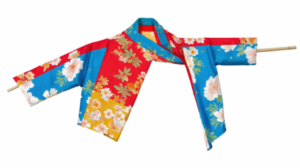Colorful, floral-patterned, patchwork jacket hanging.