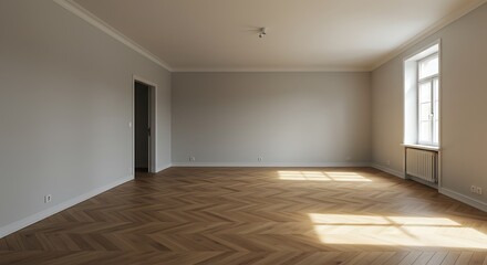 Minimalistic interior of an empty room with wooden parquet floor and gray wall. Large spacious studio