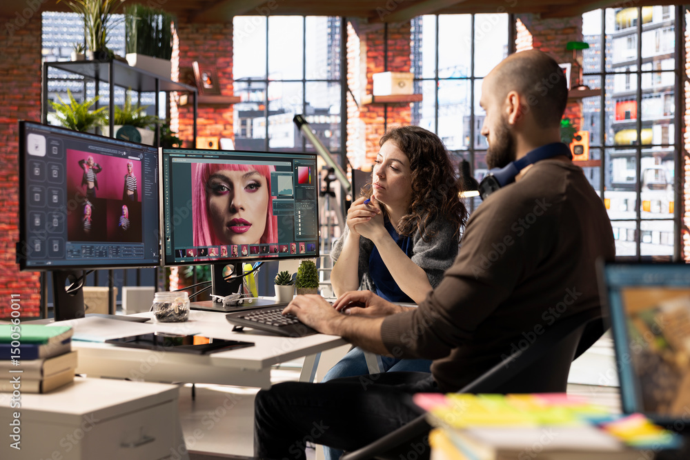 Poster graphic designer and photographer collaborate in a modern studio, using ai powered photo editing sof