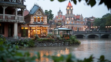 Quaint, charming shops line a riverbank in a historic European-style village at dusk, bathed in soft light.  Rain adds a touch of romance
