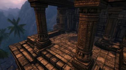 Fototapeta premium Ancient stone architecture with intricate carvings in a misty mountain landscape showcasing cultural heritage and historical significance of ancient civilizations