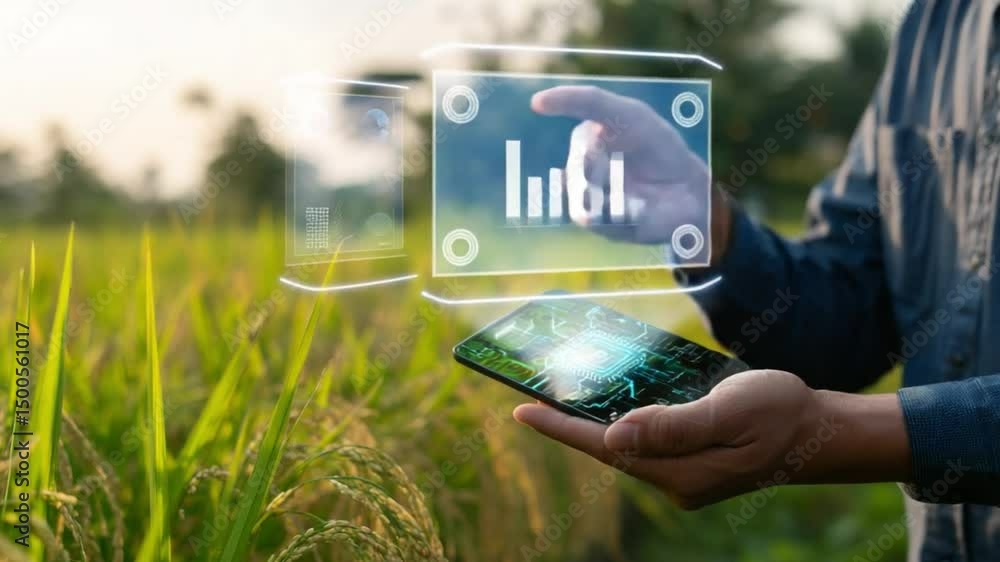Poster digital technology concept with hands holding smartphone in agricultural field exploring innovation 