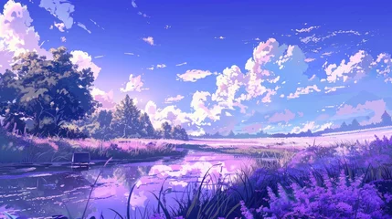 Selbstklebende Fototapeten A serene landscape featuring a tranquil river, lush greenery, and a vibrant sky. © chooseone