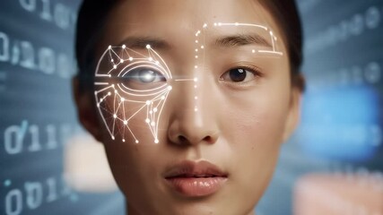 Close Up of Asian Woman with Facial Recognition Interface Displayed Over Face on Binary Code Background for Security and Biometric Themes - Powered by Adobe