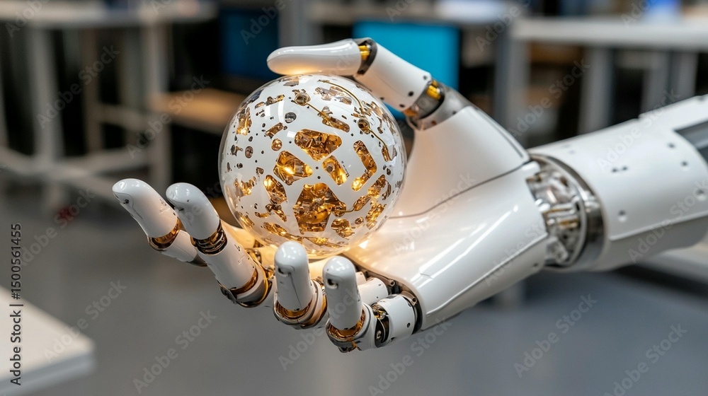 Aufkleber robotic hand holding a glowing sphere. complex mechanical structure within a clean, modern setting