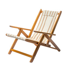 Contemporary Reclining Wooden Beach Chair with a Striped Seat Isolated on Transparent Background
