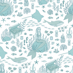 mermaid underwater world toile de jouy seamless pattern. sea animals, ocean fish background. Good for fabric, textile, wallpaper, fashion design, wrapping paper.